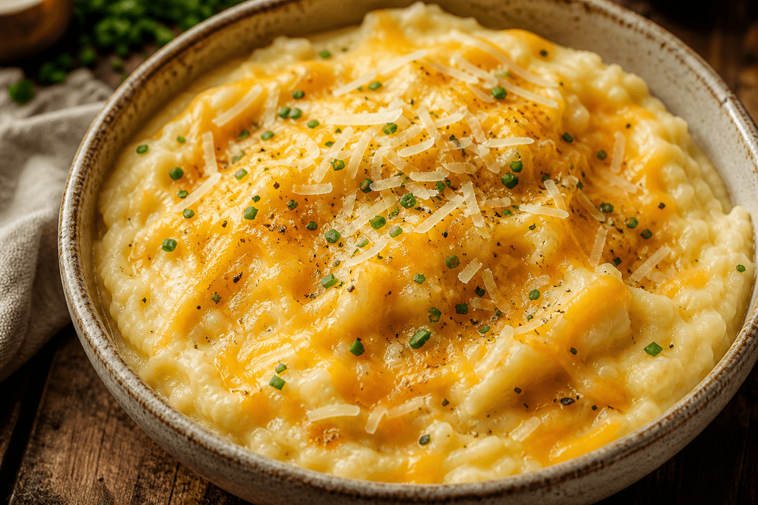 Golden cheesy mashed potatoes garnished with chives