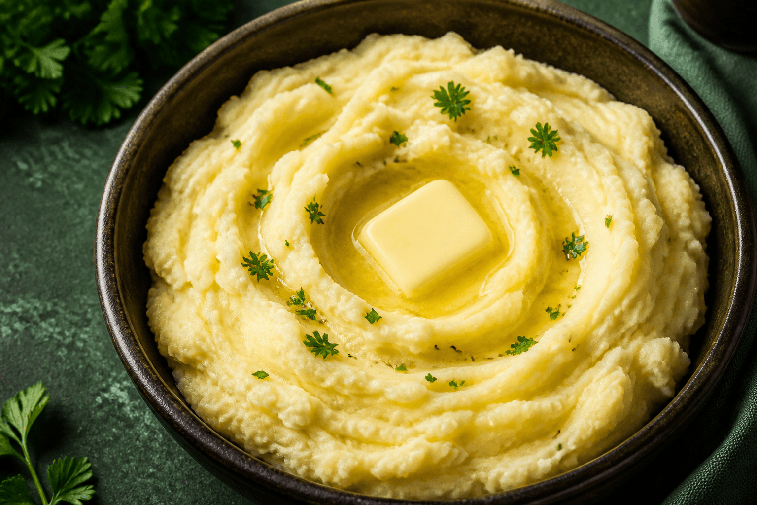 Classic creamy butter mashed potatoes topped with parsley