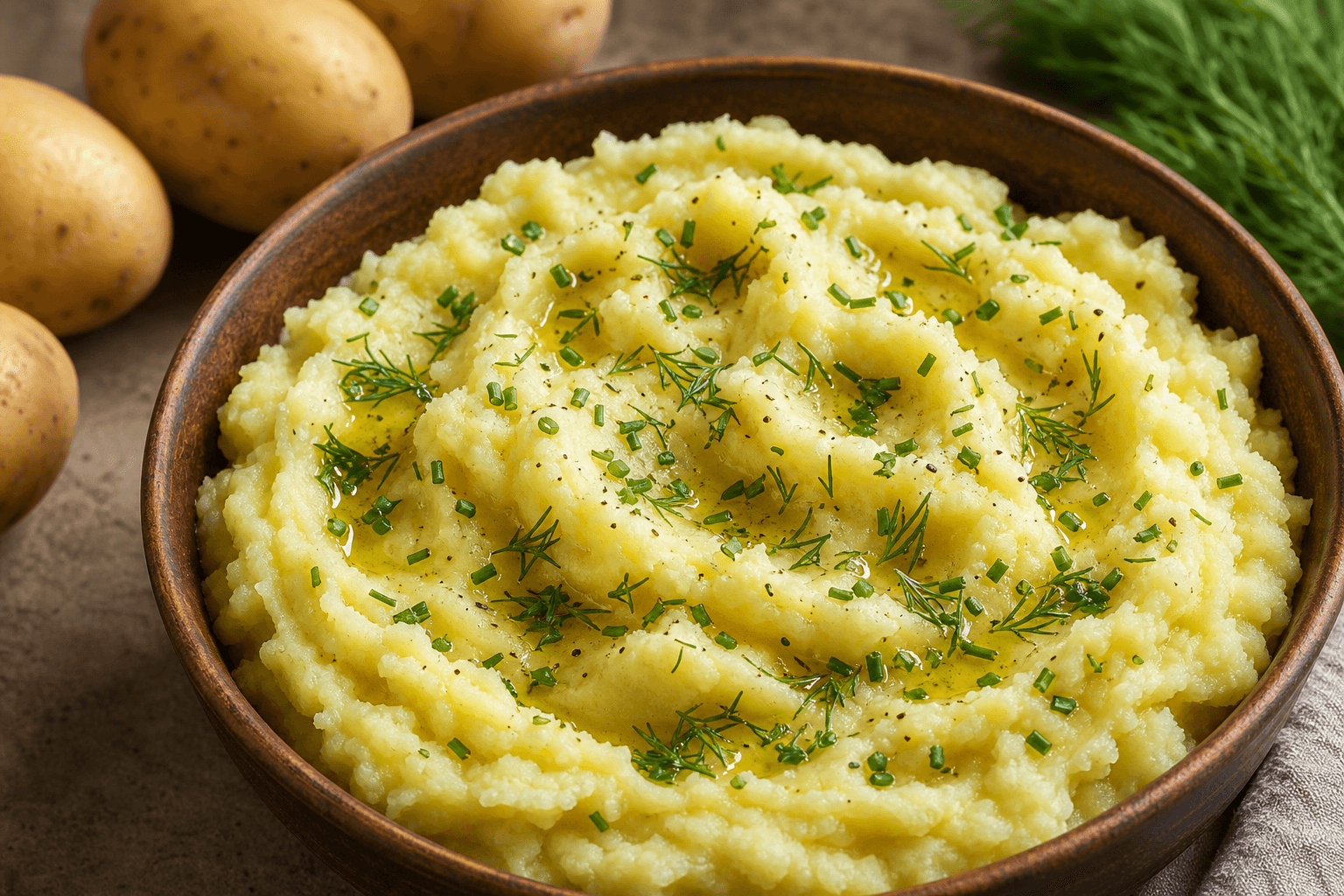 Vegan mashed potatoes finished with olive oil and herbs