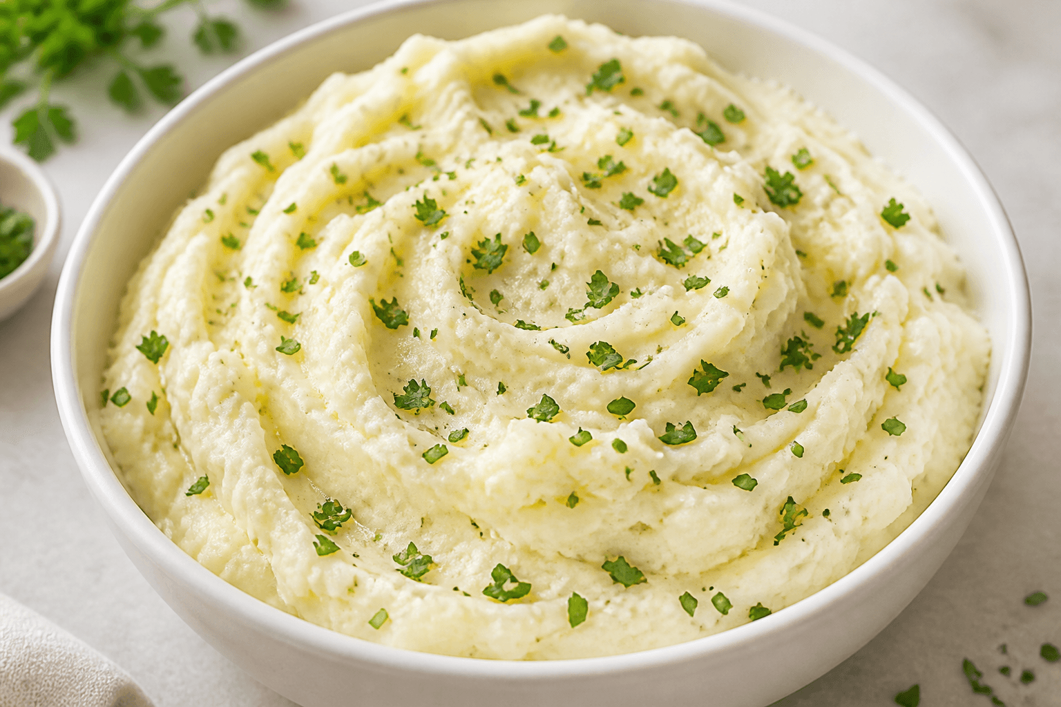 Creamy Greek yogurt mashed potatoes topped with fresh herbs
