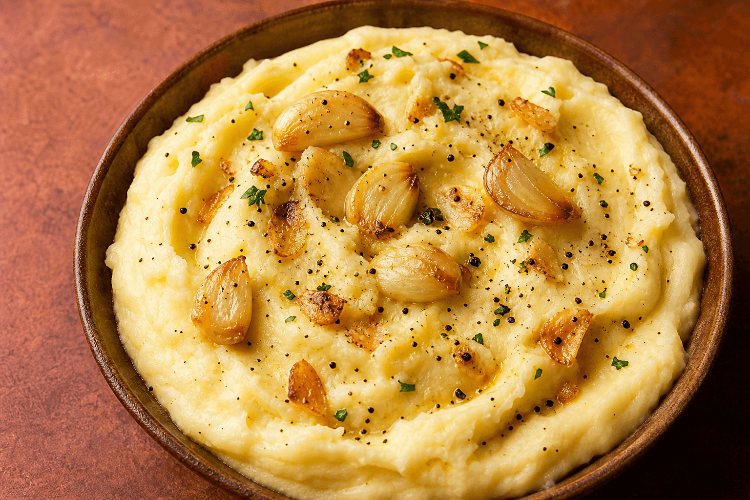 Roasted garlic mashed potatoes in a rustic bowl