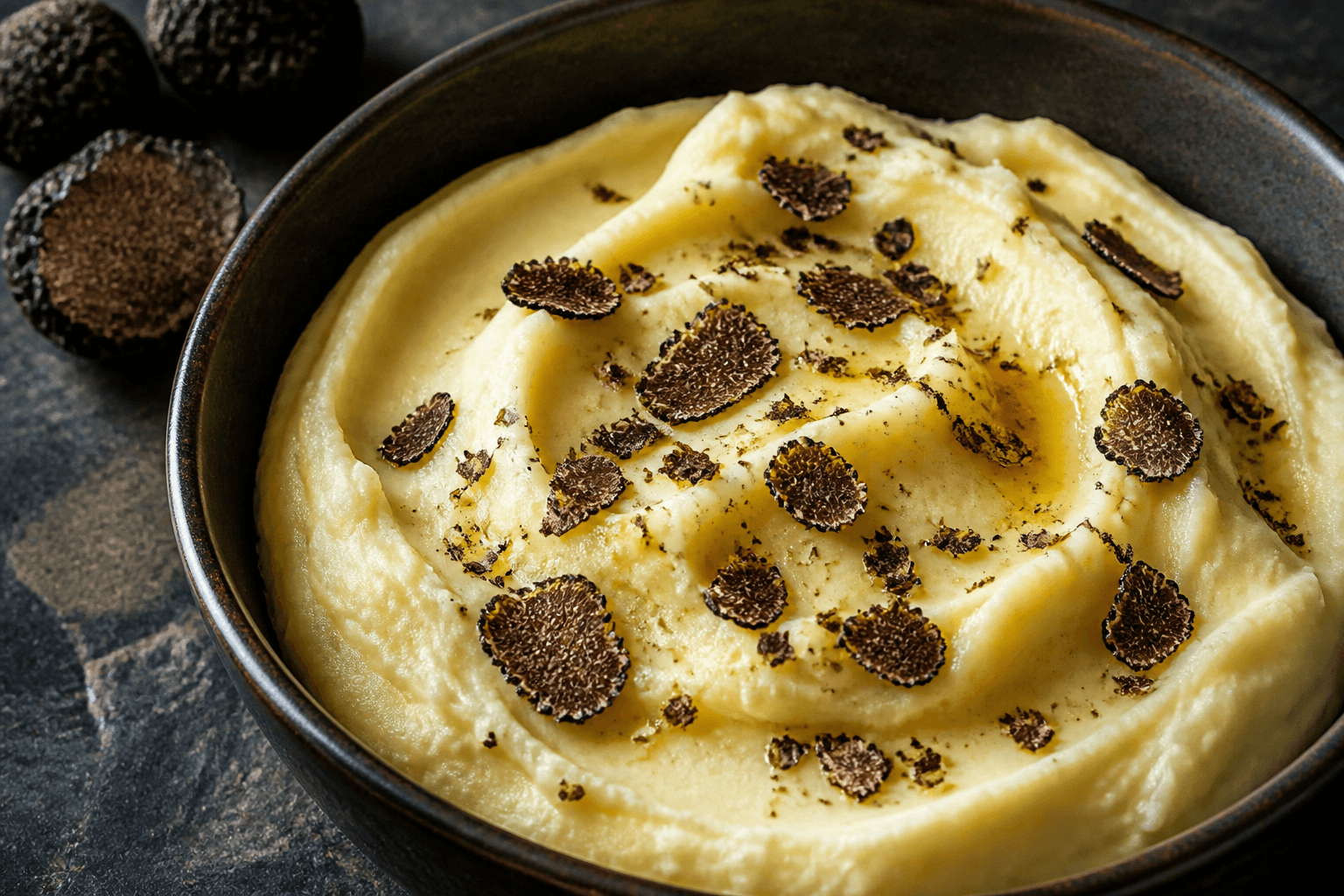 Elegant truffle mashed potatoes topped with black truffle shavings