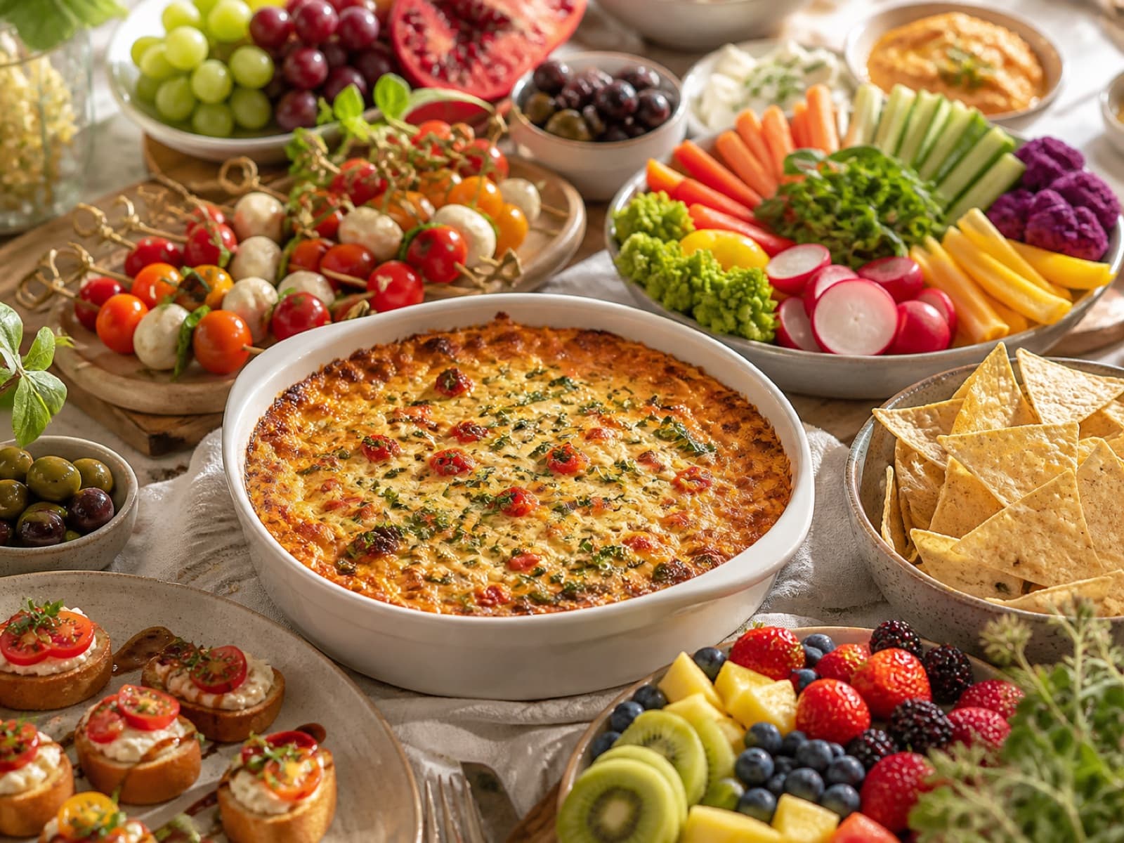 A generous party spread with baked dip, vegetables, chips, fruit, and skewers