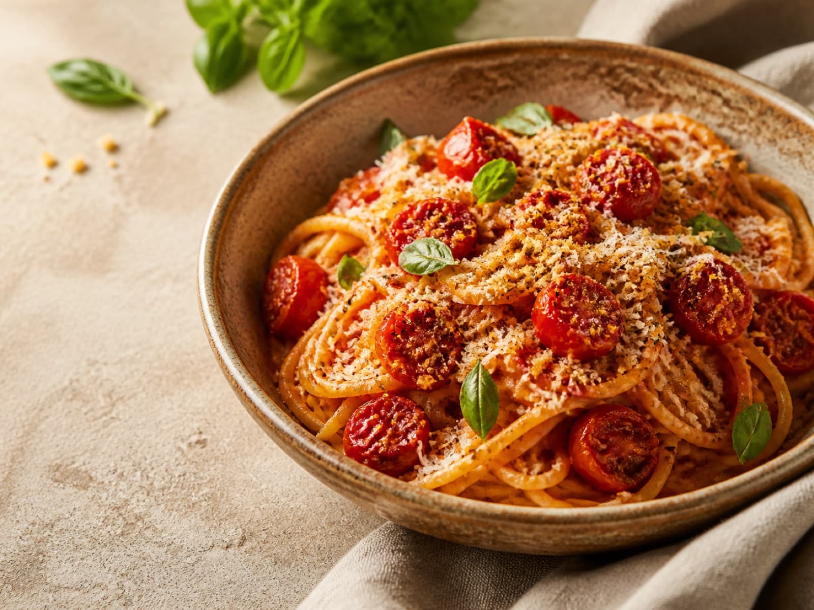 Tomato basil pasta topped with parmesan and crunchy breadcrumbs