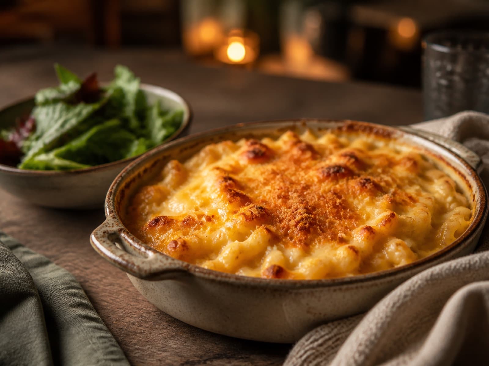 Golden baked macaroni and cheese served with a simple salad
