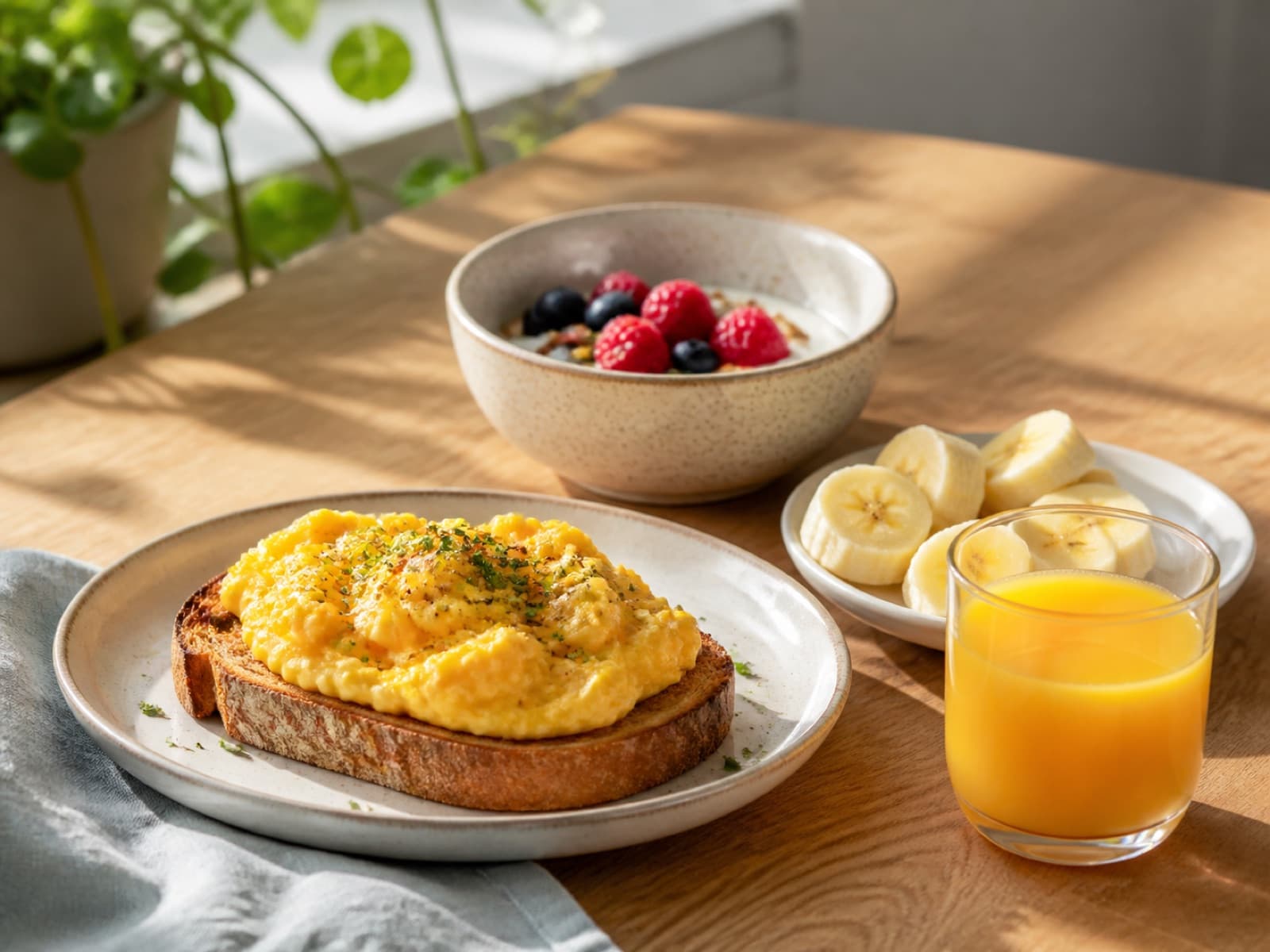 Easy breakfast with scrambled eggs on toast, fruit, yogurt, and orange juice