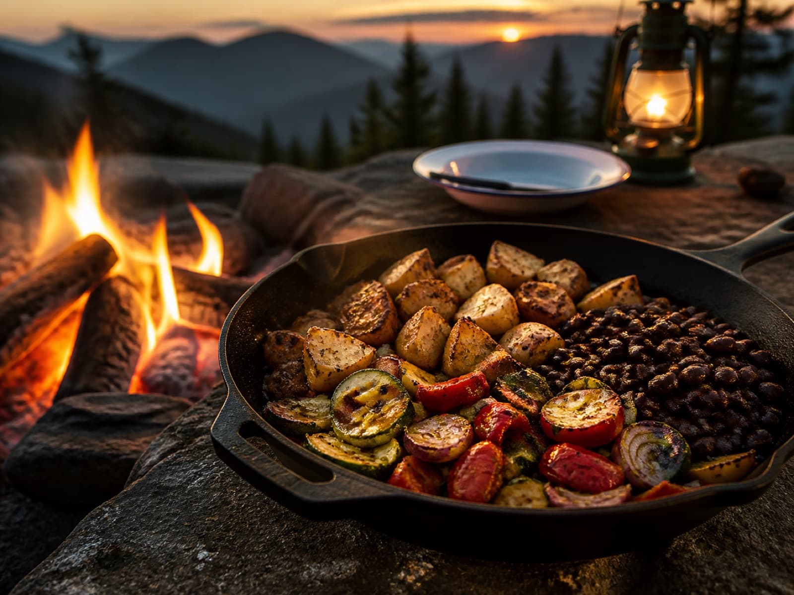 Vegetables, potatoes, and beans cooking in a cast-iron skillet beside a campfire