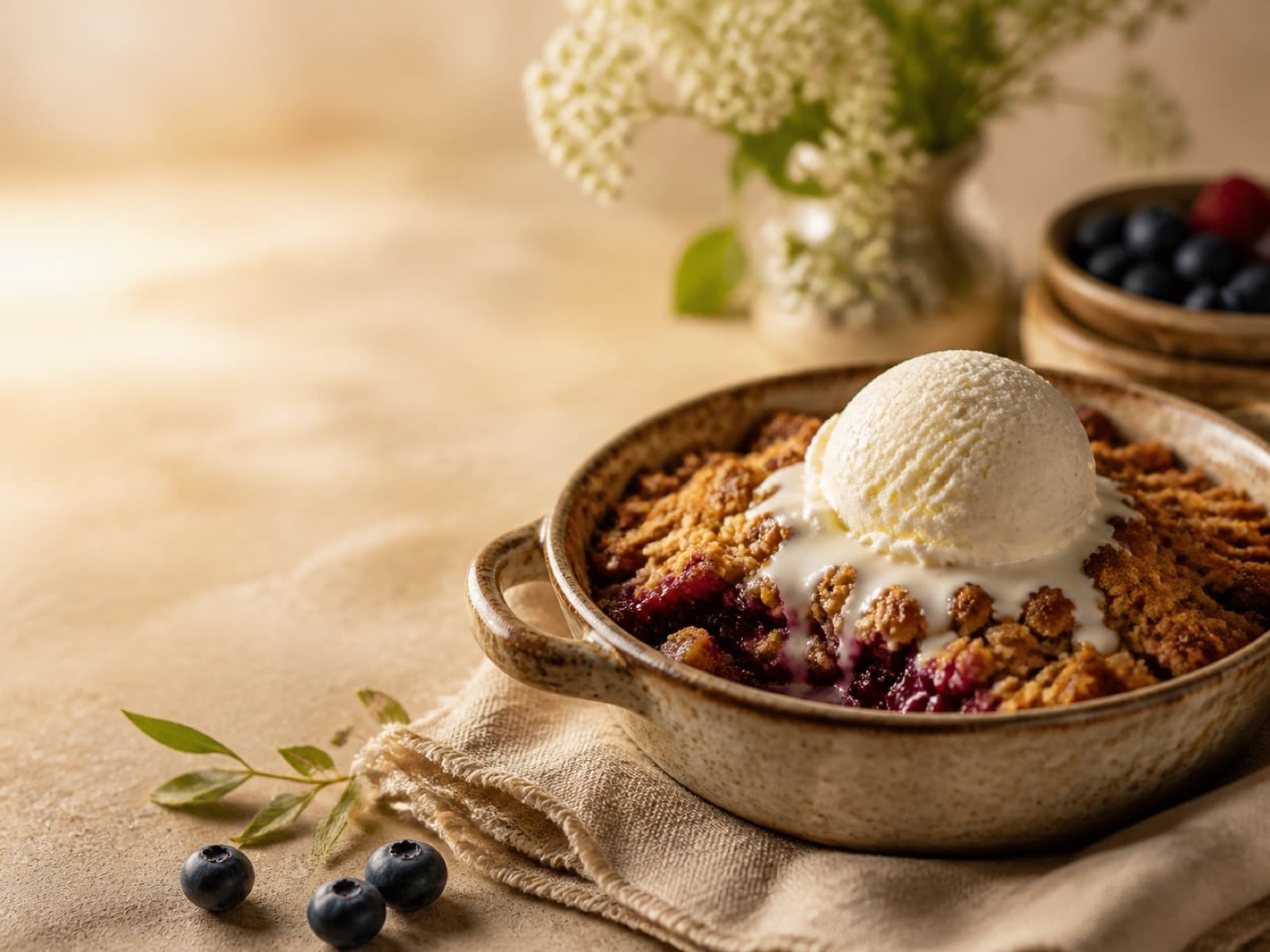 Warm berry crisp topped with melting vanilla ice cream