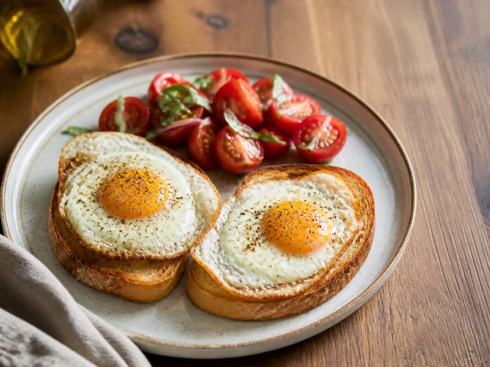 Fried eggs on toast with a quick tomato salad for an easy dinner