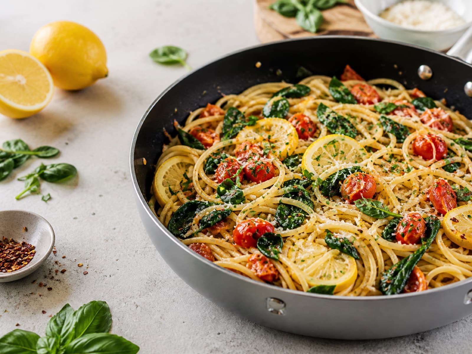 Lemon tomato and spinach pasta ready in one skillet