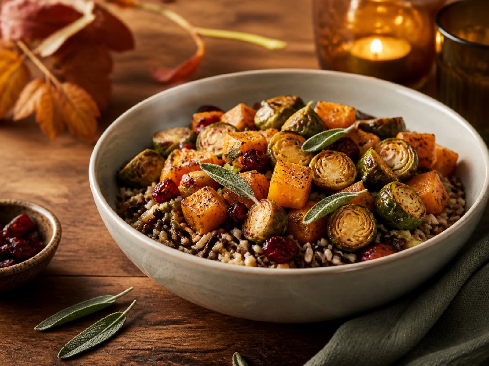 An autumn grain bowl with roasted squash, Brussels sprouts, cranberries, and sage