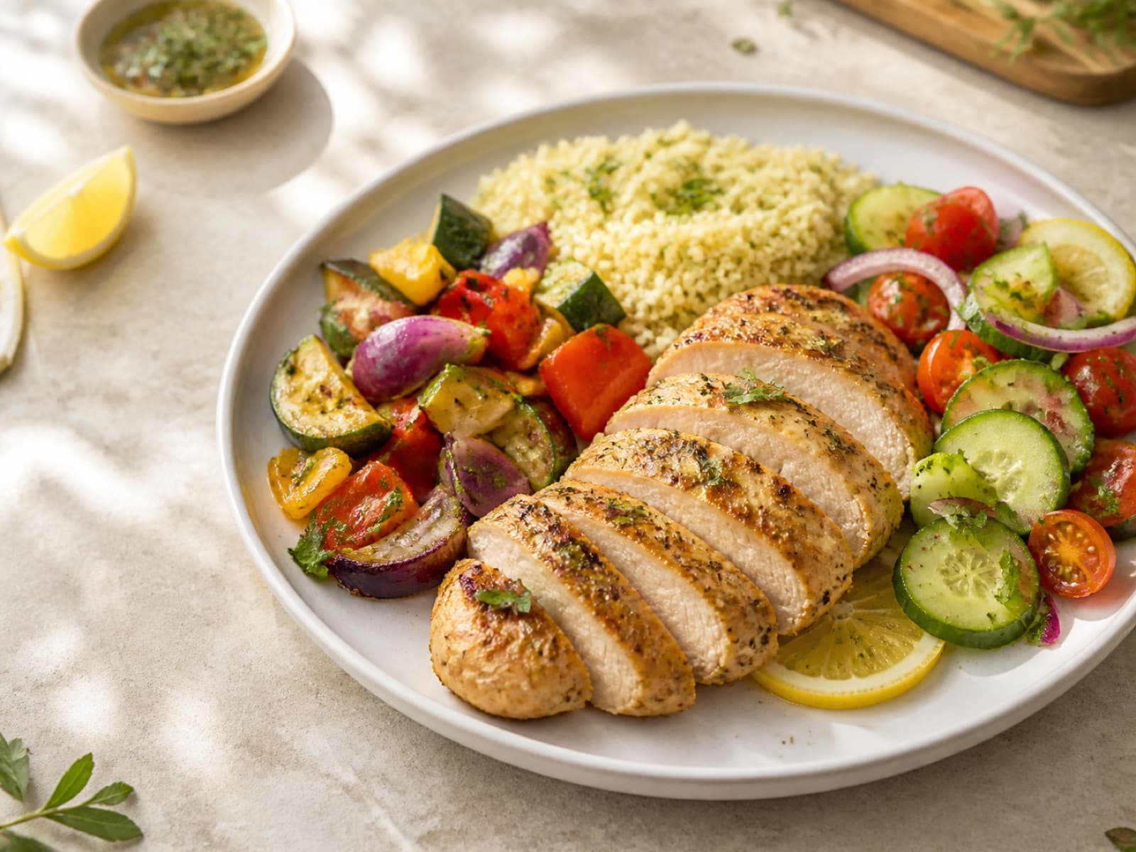 Lemon herb chicken with couscous, roasted vegetables, and cucumber salad