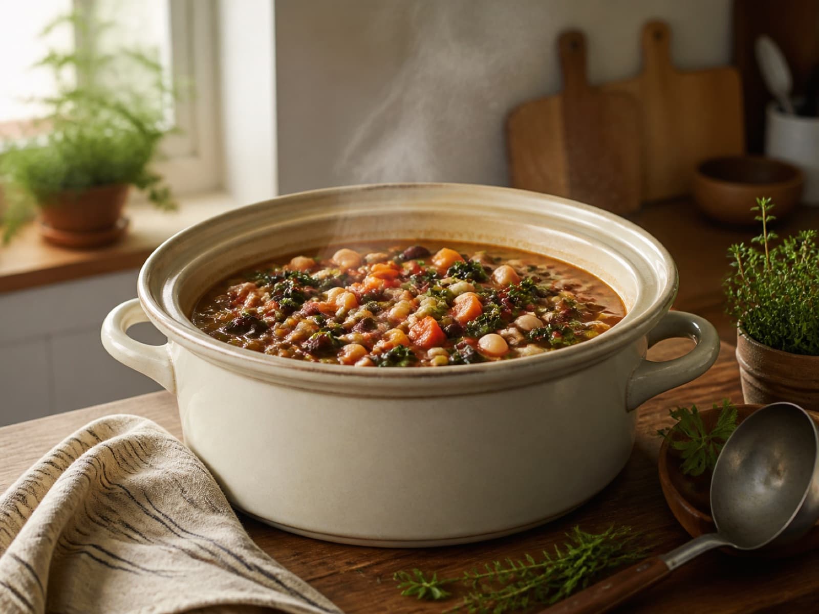 A hearty vegetable and bean stew cooking in a ceramic slow cooker