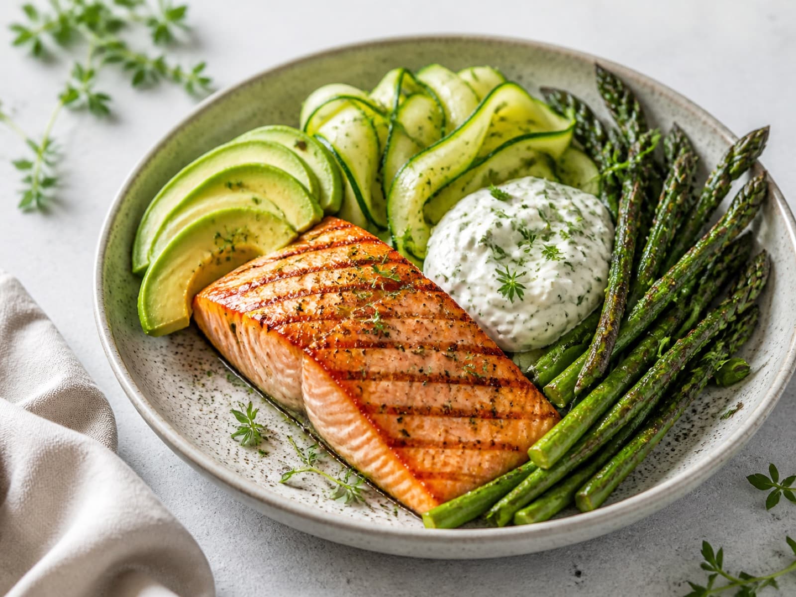 A low-carb salmon dinner with avocado, zucchini, asparagus, and herb sauce