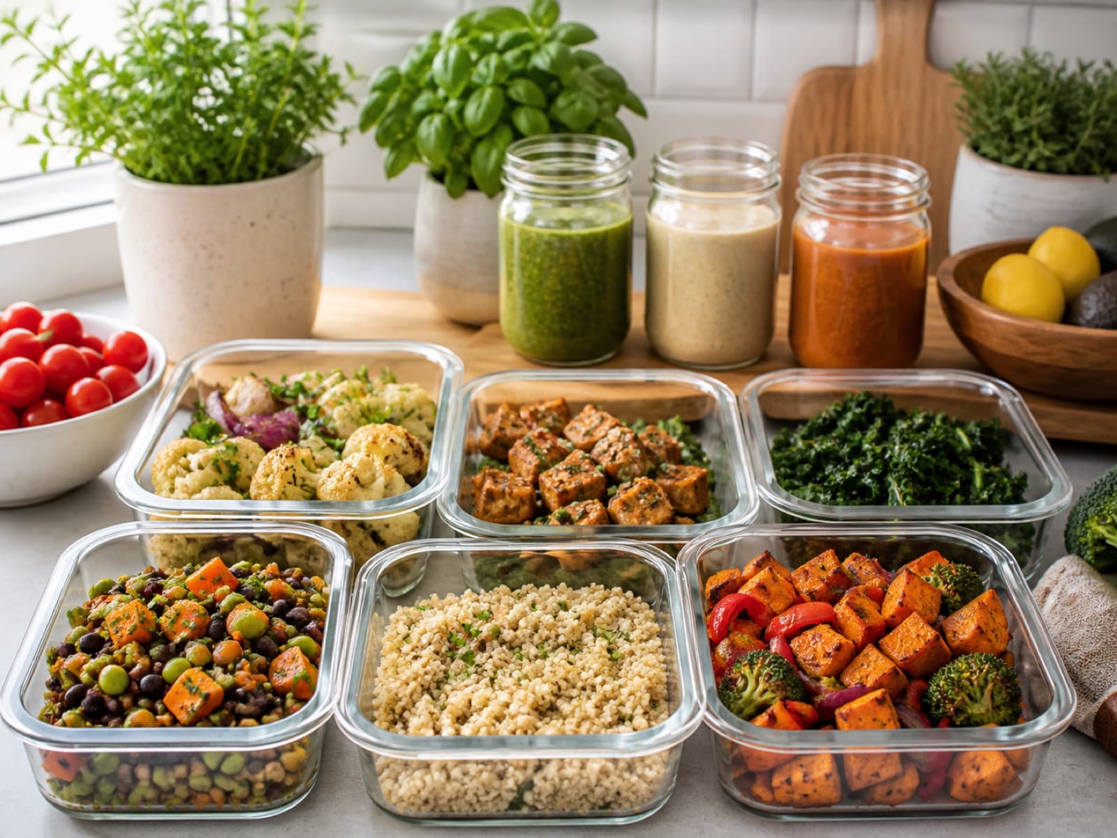 Colourful ingredients prepared in glass containers for family dinners