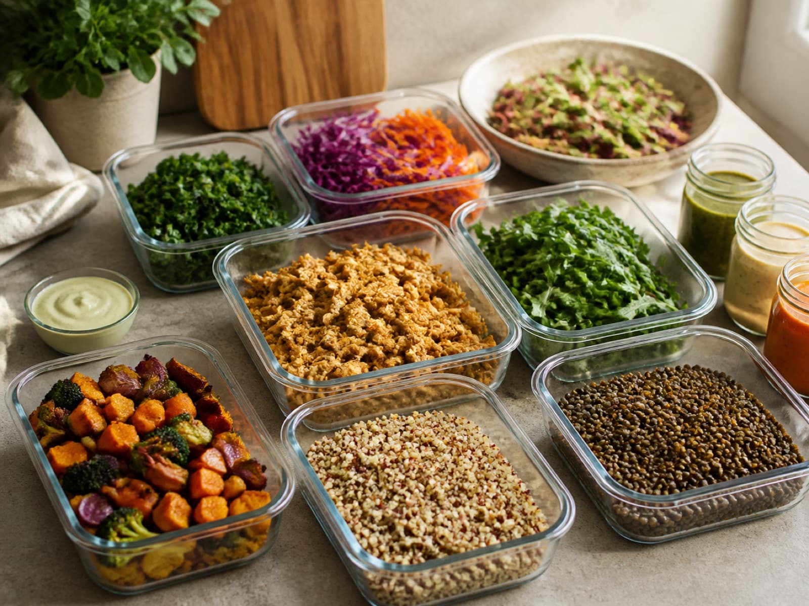 A practical spread of vegetables, lentils, grains, and sauces for meal prep