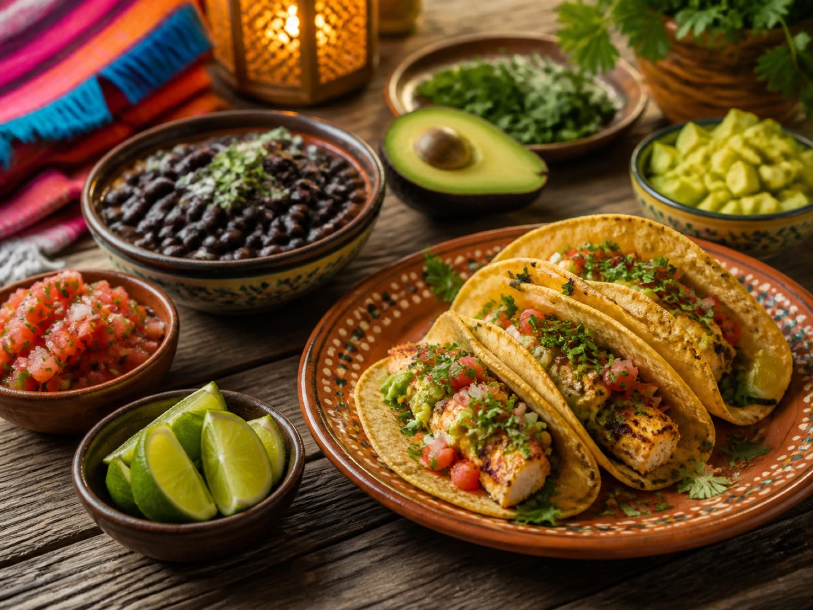 Mexican-inspired tacos with black beans, pico de gallo, avocado, and lime