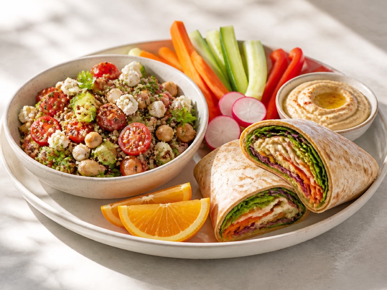 A quick lunch of grain salad, hummus wrap, vegetables, and citrus