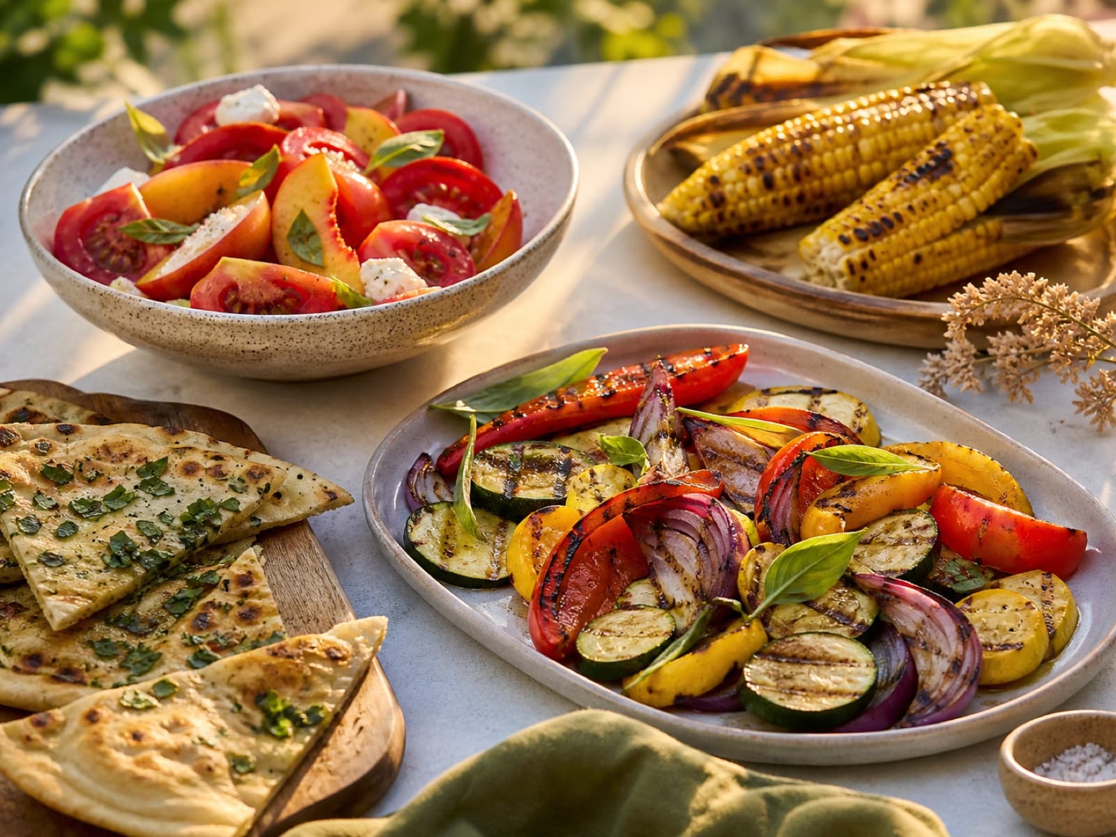 Summer dinner with grilled vegetables, corn, tomato peach salad, and flatbread