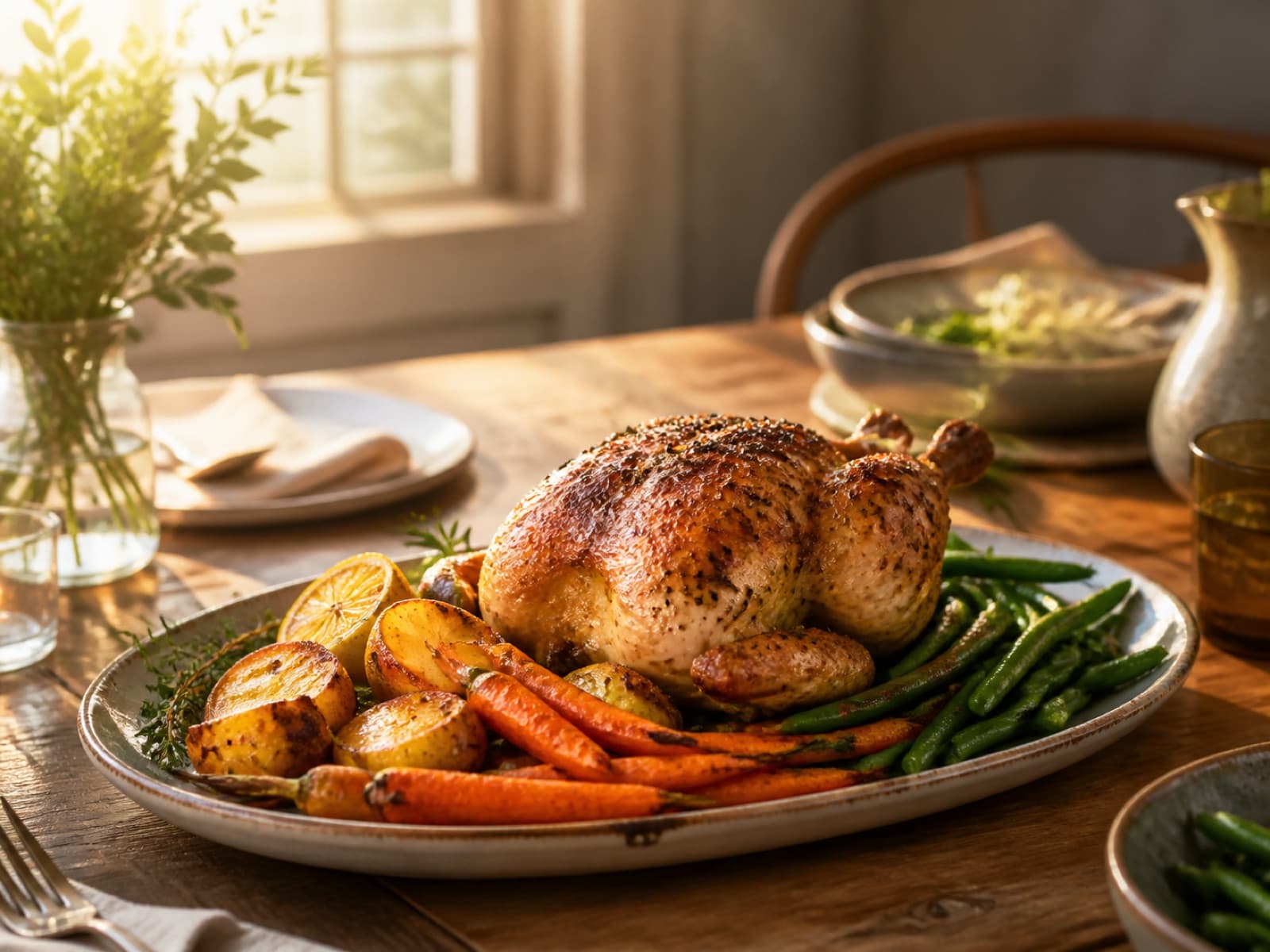A relaxed Sunday roast chicken dinner with potatoes, carrots, and green beans
