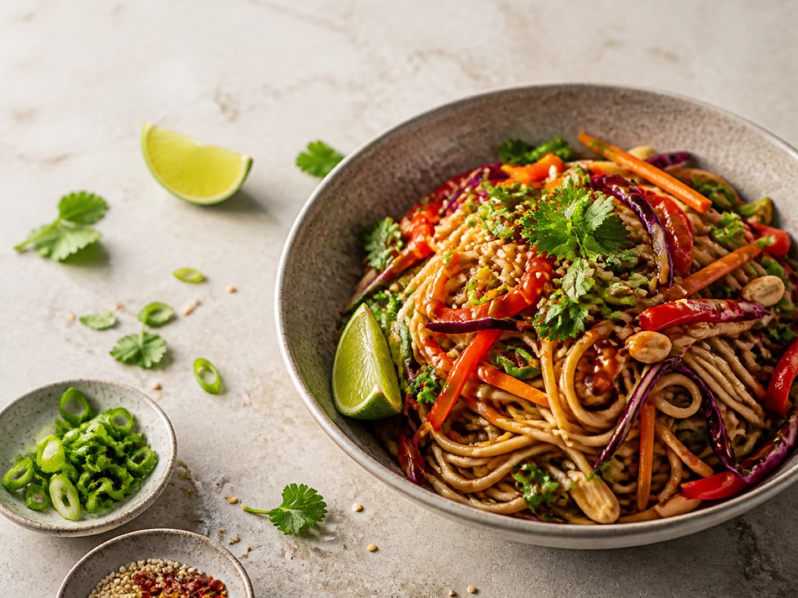 A vibrant bowl of sesame noodles with crunchy vegetables, lime, and herbs