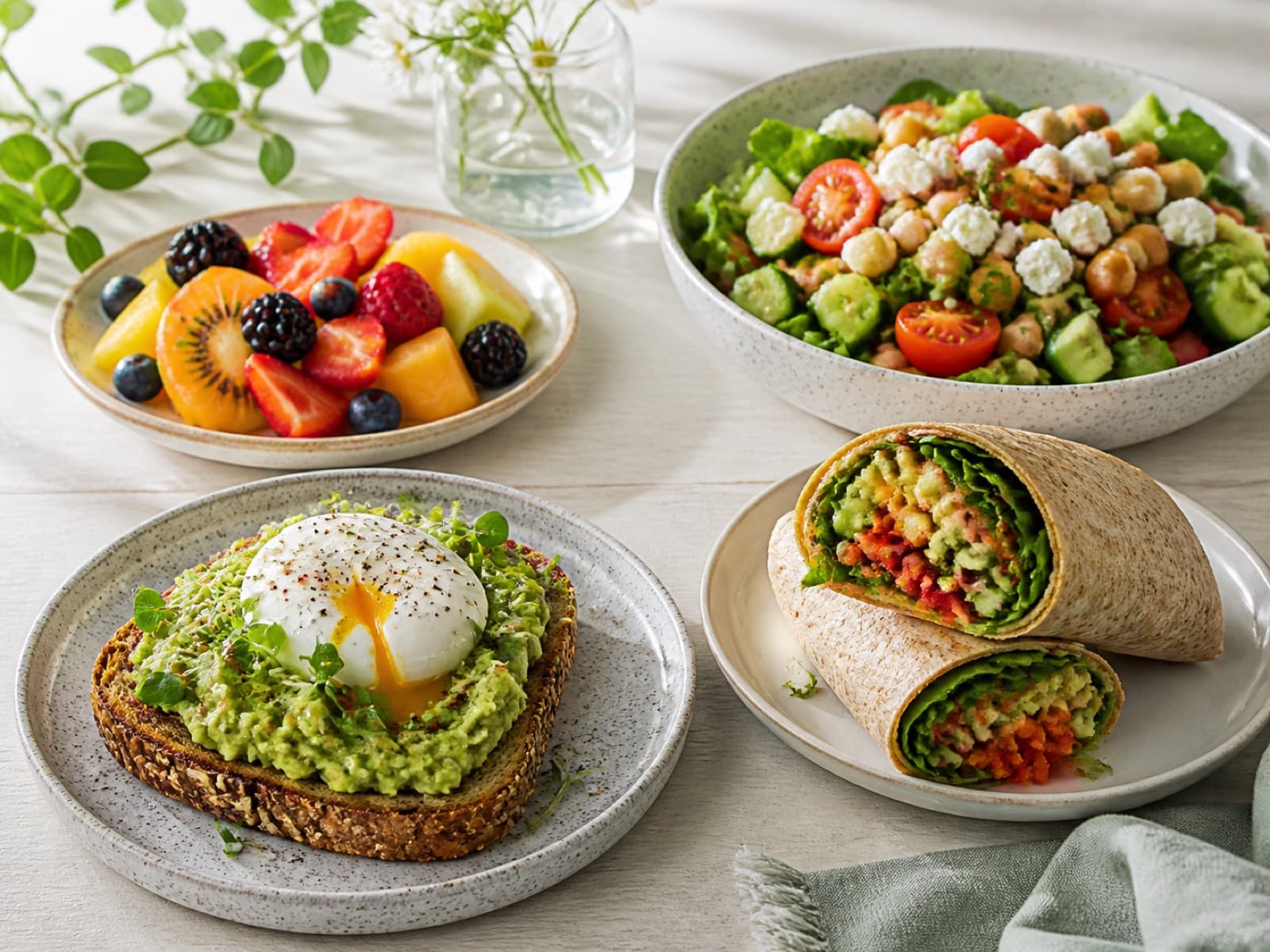 Vegetarian breakfast and lunch options with avocado toast, wraps, fruit, and salad