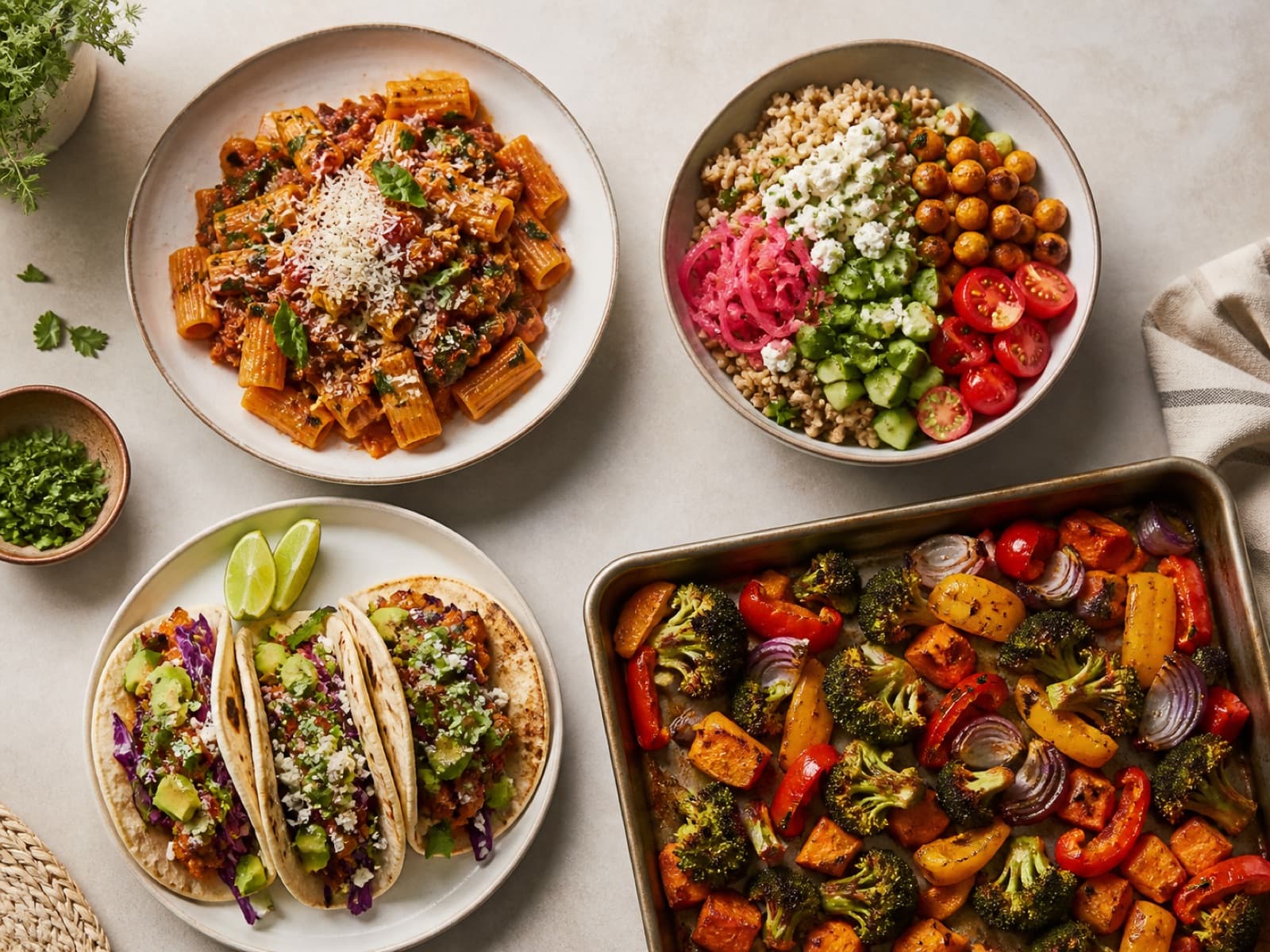A practical lineup of pasta, grain bowl, tacos, and sheet-pan vegetables