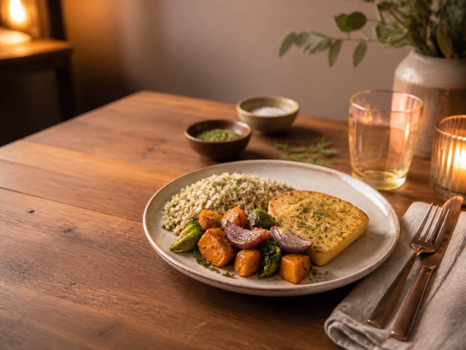 A cozy weeknight dinner of herb grains, roasted vegetables, and a golden main dish