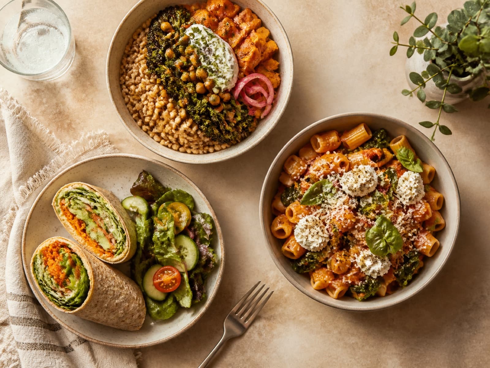 Three different meal ideas: a grain bowl, vegetable wrap, and pasta