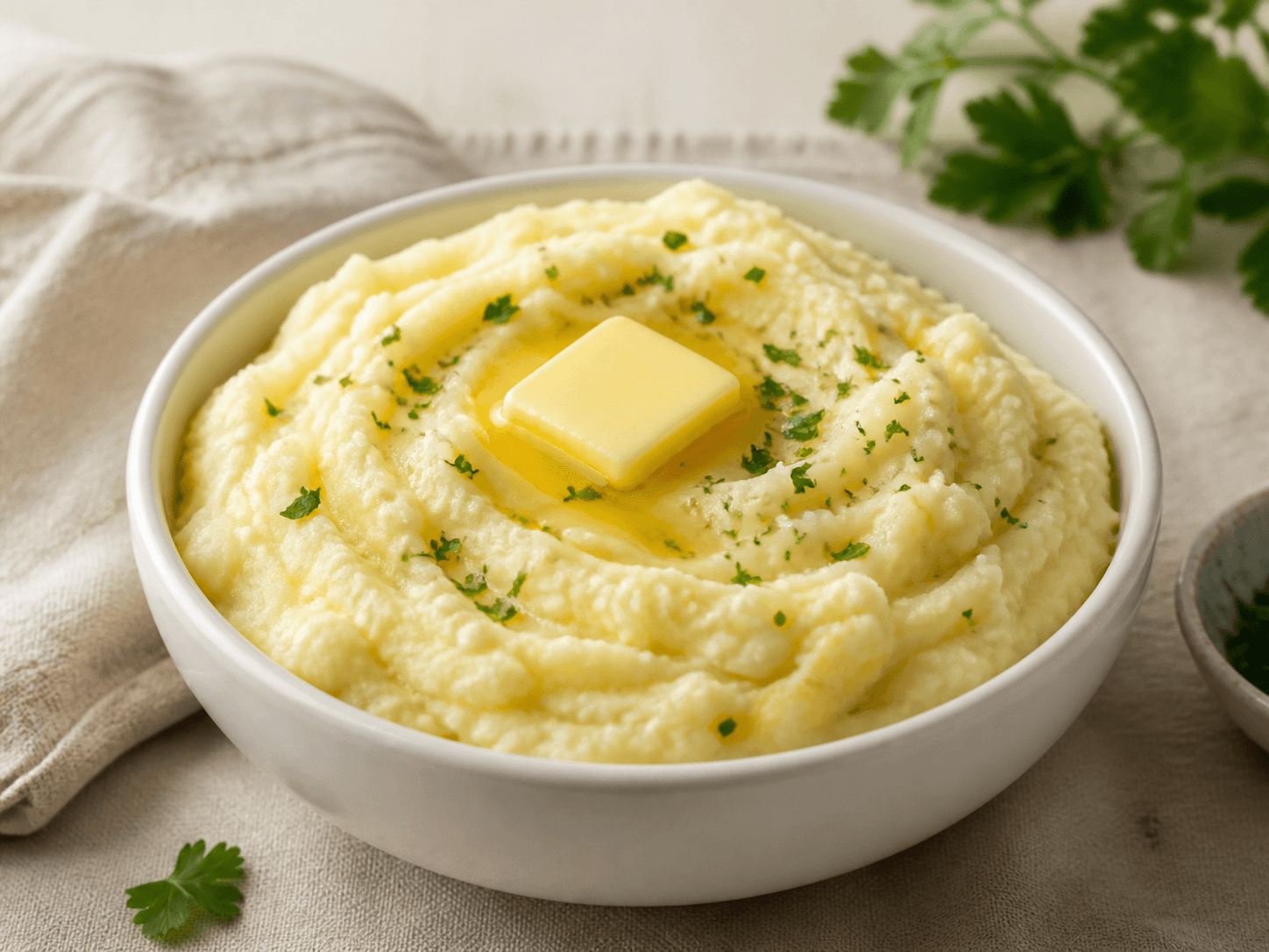 Creamy mashed potatoes in a white bowl topped with melted butter